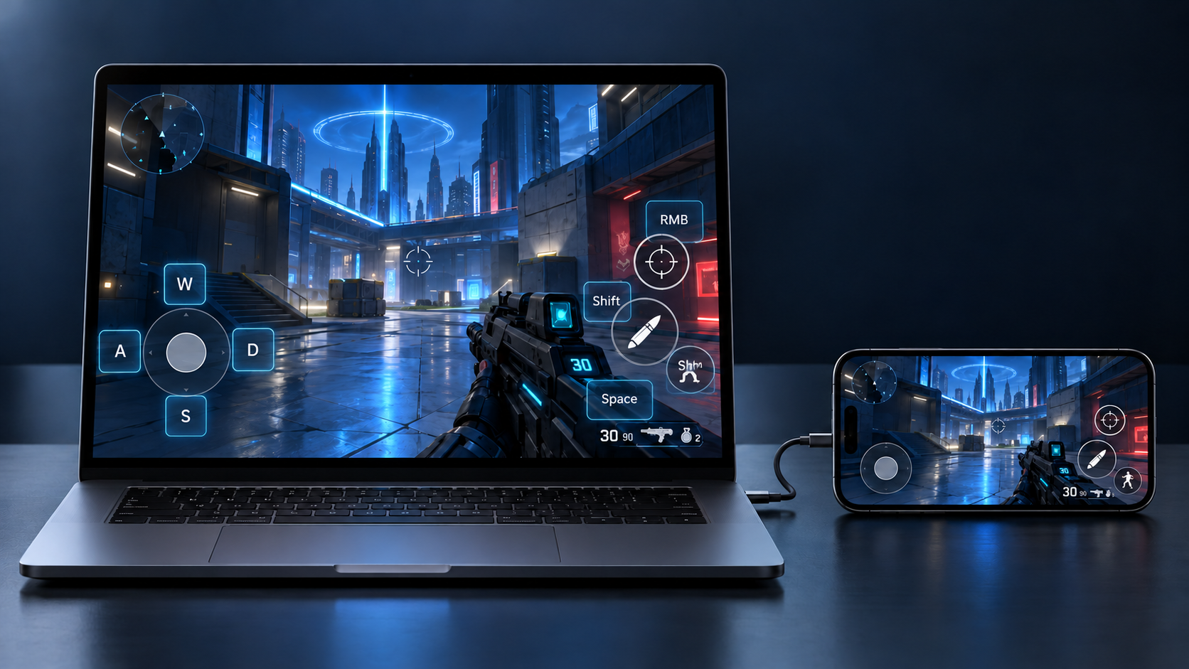 MacBook 与 iPhone 同步显示 FPS 手机游戏,Mac 叠加半透明键位映射